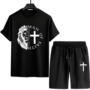 ชุดเสื้อยืดผู้ชาย 2 ชิ้น ผ้าถักโพลีเอสเตอร์/คอตตอน ทรงเข้ารูป สไตล์ลำลอง สำหรับฤดูร้อน คอกลม พิมพ์ลายดิจิทัล น้ำหนัก 220-240 กรัม รับสั่งทำ - Product Image 3