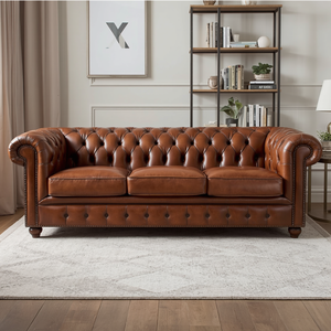 Sofá Chesterfield de Cuero Marrón de 3 Plazas, Venta al Por Mayor de Fábrica, Sofá Clásico Acolchado para Sala de Estar, Hotel u Oficina - Product Image 1