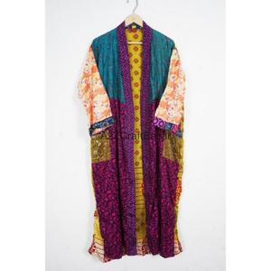 Robe longue en soie 100% faite à la main, patchwork, col en V, fermeture à cordon, manches trois-quarts, respirante, douce, pour femmes - Product Image 3