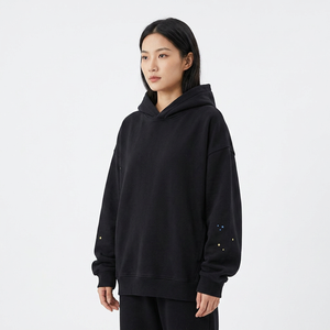 Sweat-shirt à capuche noir surdimensionné avec broderie d'étoiles en strass sur les manches, unisexe, décontracté, en coton tricoté, pour l'automne - Product Image 3