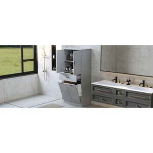 Armoire de rangement de salle de bain grise à deux portes avec tiroir et paniers à linge, meubles pour la maison - Product Image 3