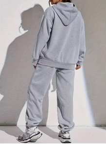 Ensemble de survêtement en molleton gris à imprimé cœur léopard pour femme, coupe oversize, décontracté, pour l'automne - Product Image 2