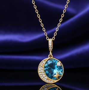 Conjunto de Collar y Pendientes de Topacio Azul Hidro y Circonita Cúbica de 10 mm, Plata de Ley 925, Chapado en Oro de 18K, Bonito Conjunto de Pendientes con Colgante, Regalo para Ella - Product Image 2