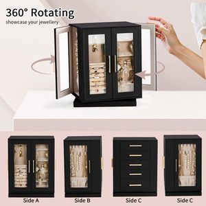360 Degree Rotating Jewelry Box with 5 Drawers Black Cabinet and Pink Velvet Interior 5-Drawer Organiser - Product Image 5
