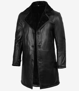 Abrigo Largo de Cuero Genuino para Hombre con Forro de Piel Sintética y Cierre de Botones - Product Image 1