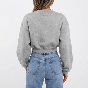 Sudadera Corta Gris Personalizada para Mujer, Sudadera con Cuello en V, Manga Larga, Apliques Bordados, Sudadera Estética a la Moda - Product Image 2