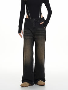 Jean en denim vintage taille haute pour femme, coupe ample, style boyfriend, délavé, jambe large, décontracté, été, color block - Product Image 3