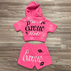 Conjuntos Deportivos Personalizados con Efecto Desgastado, Sudadera con Cierre y Pantalones Cortos, Traje Deportivo Vintage para Mujer - Product Image 4