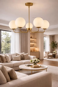 Elegant Mid Century <b>Modern</b> 5 <b>Light</b> Brass Sputnik Linear Chandelier Frosted Metal Globe Shades <b>LED</b> Dimmable <b>Ceiling</b> Pendant <b>Light</b> - Product Image 4