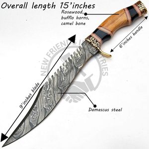 New Edition Custom Handmade 15" Damascus Steel Bowie knife w/Buffalo Horn Wood Handle Outdoor <b>Hunting</b> Knife Fixed Blade Knife - Product Image 2