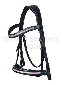 Bridon d'équitation en cuir anglais de qualité supérieure avec frontale à paillettes or rose et muserolle rembourrée pour le dressage et les concours d'hippique - Product Image 4