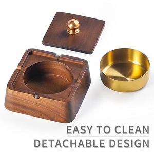 Cendrier moderne en bois de noyer anti-poussière et anti-fumée, design créatif avec couvercle carré, construction portable en acier inoxydable pour usages multiples - Product Image 5