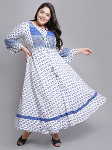 Vestido Anarkali de Viscosa Blanca con Estampado Floral, Mangas Largas, Cuello Redondo, Talla Grande, Informal, Festivo, al por Mayor para Mujer - Product Image 5