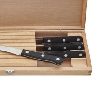 Juego de 8 cuchillos para carne con mango negro en estuche de madera marrón, con hojas plateadas y remaches triples para la decoración de la mesa. - Product Image 5