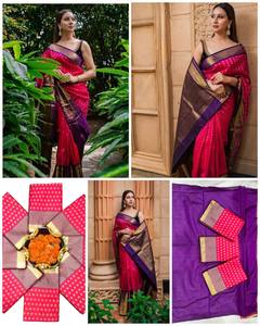 Sari de Seda Rosa Rani de Lujo Antra Lifestyle con Borde Dorado Zari, Tradicional Indio para Boda, Banarasi Étnico, Invierno, Sin Arrugas, Protección Solar - Product Image 4