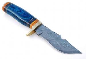 Cuchillo utilitario artesanal de hoja fija de acero de Damasco con mango de Pakkawood azul y guardacuchillo de latón, herramienta de campo DIY y OEM - Product Image 4
