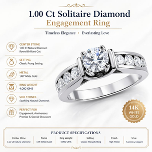 Anillo de Compromiso con Diamante Solitario Natural Real de 1.00 Ct |   Anillo de compromiso clásico con engaste de puntas en oro blanco de 14K, elegante regalo de joyería fina - Product Image 6
