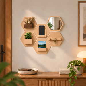 Vase mural modulaire hexagonal auto-adhésif en bois de pin et noyer, écologique, minimaliste, organiseur d'entrée, décoration intérieure, coffret cadeau - Product Image 3