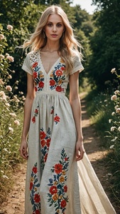 Elegante Vestido Maxi de Lino con Bordado Floral Estilo Boho-Chic, Vestido de Verano con Cuello en V y Corte en A de Inspiración Vintage con Encaje de Crochet - Product Image 2