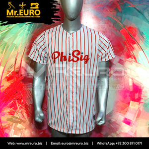 PhiSig Custom Baseball Jersey Unisex <b>Red</b> White <b>Striped</b> Sublimated Button Front Short Sleeve Quick Dry V-neck Polyester Apparel - Product Image 3