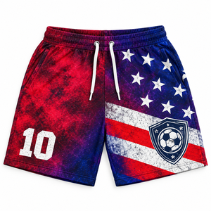 Shorts de survêtement pour homme en coton américain, personnalisables avec logo, impression sérigraphique, ensembles assortis, thème football multicolore, marque privée - Product Image 4