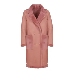 Luxury Italian handcrafted real fur leather double-breasted reversible pink shearling coat with lapel collar for export