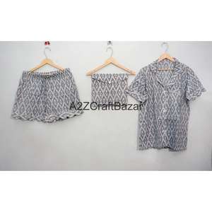 Conjunto de Pijama de Algodón 100% Hecho a Mano, Diseño Floral con Estampado de Bloques, Largo, para Verano y Otoño, Suave, Transpirable y de Secado Rápido - Product Image 1