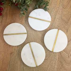 Elegant Design Natural White Round Marble <b>Coaster</b> <b>Set</b> With Metal Inlay For Luxury Home Decor Coffee Table Protection - Product Image 5