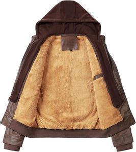 Men Brown PU Leather Moto Biker <b>Jacket</b> Hooded <b>Zipper</b> Front Sherpa Lining Windproof Winter Style Slim Fit Regular Sleeve - Product Image 2
