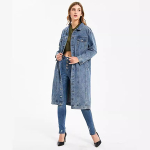 Veste longue en jean unisexe coupe ample col rabattu boutonnage simple en coton délavé - Product Image 3