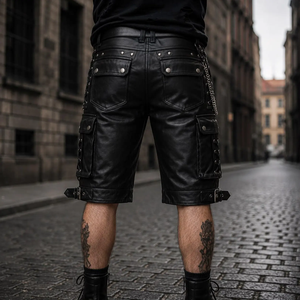 Shorts Cargo de Cuero Negro con Tachuelas, Cintura Alta, Detalles de Cordones y Cinturón, Estilo Motero - Product Image 6