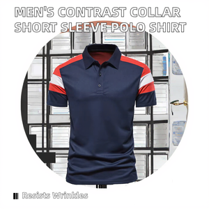 Polo à manches courtes bleu marine pour homme avec épaules contrastées rouge et blanc, design tricoté décontracté, coupe classique - Product Image 6