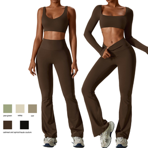 Custom Logo Girls' Active Fitness Gym Wear 2-Piece Yoga Set <b>Flare</b> Pants Bra <b>Leggings</b> Spandex/Nylon Eco-Friendly Quick Dry - Product Image 3