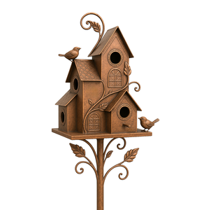 บ้านนกโลหะสไตล์ชนบทสำหรับตกแต่งสวน พร้อมลวดลายรูปนกและใบไม้ - Product Image 3