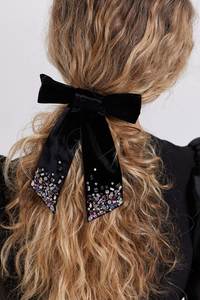 โบว์ติดผมประดับคริสตัลกำมะหยี่สีดำ เครื่องประดับผมผู้หญิงสุดหรู - Product Image 1