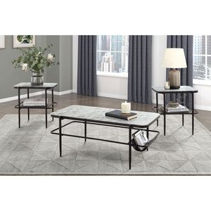 Set di 3 Pezzi di Mobili Moderni ed Eleganti per Casa, Tavolino da Caffè e Tavolini Laterali con Piano in Vetro Temperato Effetto Marmo Bianco per Soggiorno - Product Image 1