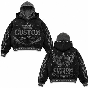 Sweat à capuche noir personnalisé avec imprimé couronne étoile en strass et ourlet côtelé clouté, unisexe - Product Image 1