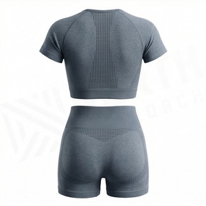 Women's 2 Piece Sporty <b>Knitted</b> <b>Set</b> Short Sleeve Crop Top and Above Knee Shorts Solid Breathable Mesh Design Crew Neck Regular - Product Image 2