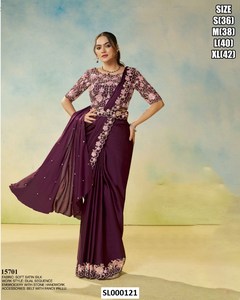 <b>Orange</b> Pure Silk <b>Saree</b> With Stone Embroidery Dual Sequence Work For Wedding Traditional Indian Women Floor Length Regular Fit - Product Image 5