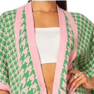 Pink Green Houndstooth Duster Cardigan Women Open Front Long <b>Cover</b> Up Fashion Knit Outerwear Casual Stylish Layered Clothing - Product Image 2