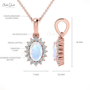 Pendentif en pierre de lune arc-en-ciel 100% authentique, 0,54 carat, coupe ronde, bijoux en or véritable 14 carats, pendentif halo en diamant, cadeau pour la fête des femmes - Product Image 5
