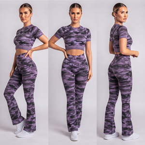 Camo Printed <b>Women</b> Crop Top Yoga Set 100% Polyester Ladies Gym Fitness Short Sleeve Top <b>Flare</b> <b>Leggings</b> 2 Piece Yoga Wear Set - Product Image 5