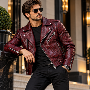 Mens <b>Burgundy</b> Embossed Breathable Snake Skin <b>Leather</b> Biker <b>Jacket</b> Stylish Streetwear Motorcycle Outerwear Fashion - Product Image 3