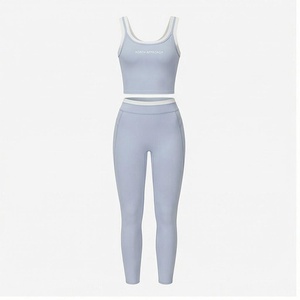 Ensemble de yoga 2 pièces North Approach, bleu clair uni, sans couture, taille haute, haut court et leggings longs, vêtements de sport pour femmes - Product Image 1