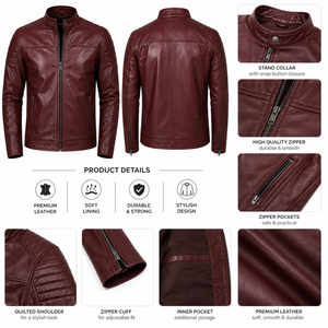 Veste en cuir pour homme avec matière résistante, surface lisse, poches sécurisées et doublure chaude, idéale pour les journées fraîches, look décontracté. - Product Image 5