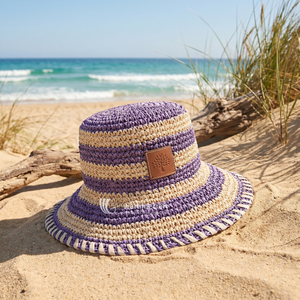 Striped Hand Embroidery Paper <b>Straw</b> Adjustable Bucket <b>Hat</b> for Unisex Beach Travel Outdoor by ViettimeCraft - Product Image 5