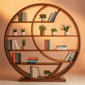 Luxury Round Teak Wood Bookshelf Artistic <b>Circle</b> Display <b>Shelf</b> Modern Open Storage Cabinet Furniture - Product Image 1