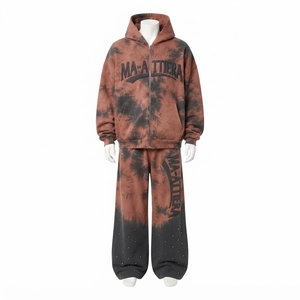 Conjunto de Sudadera con Capucha y Cremallera Marrón/Negro con Lavado Ácido y Pantalones de Pierna Ancha para Hombre, Chándal Bordado Estilo Urbano, OEM Personalizado - Product Image 3