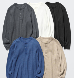 เสื้อเชิ้ตแขนยาวแบบเฮนลีย์ผ้าวาฟเฟิลสำหรับผู้ชายสั่งทำขายส่ง กระดุมติดหน้า สีพื้น ชุดเสื้อผ้าชั้นใน ชุดลำลอง - Product Image 1