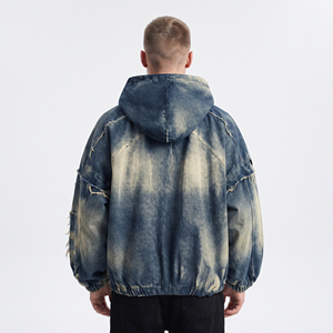 Blouson à capuche en jean délavé pour homme, coupe ample, style streetwear, effet usé et décoloré par le soleil, avec fermeture éclair - Product Image 3